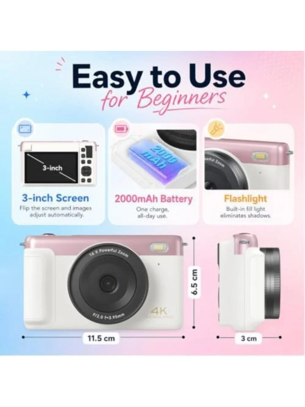 4K Vlogging Digital Camera for Travel, Compact Point and Shoot, High-Quality